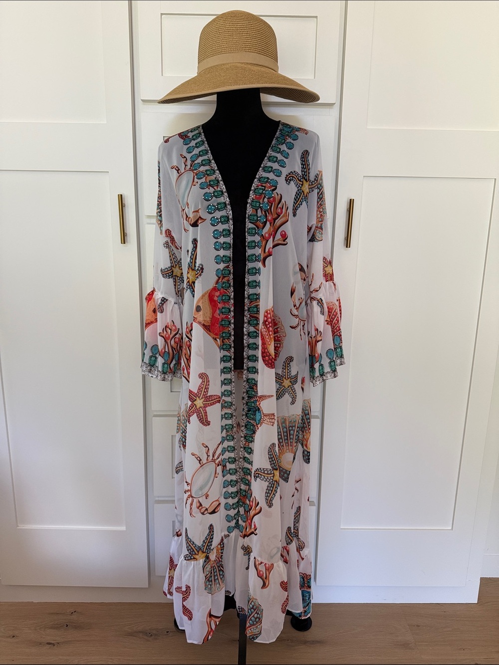 New Sheer Beach Kimono Cover-Up in White with Coral & Teal Print